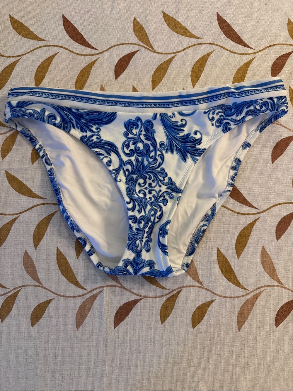 L'AGENCE White and Blue Scroll-Print Bikini Bottom